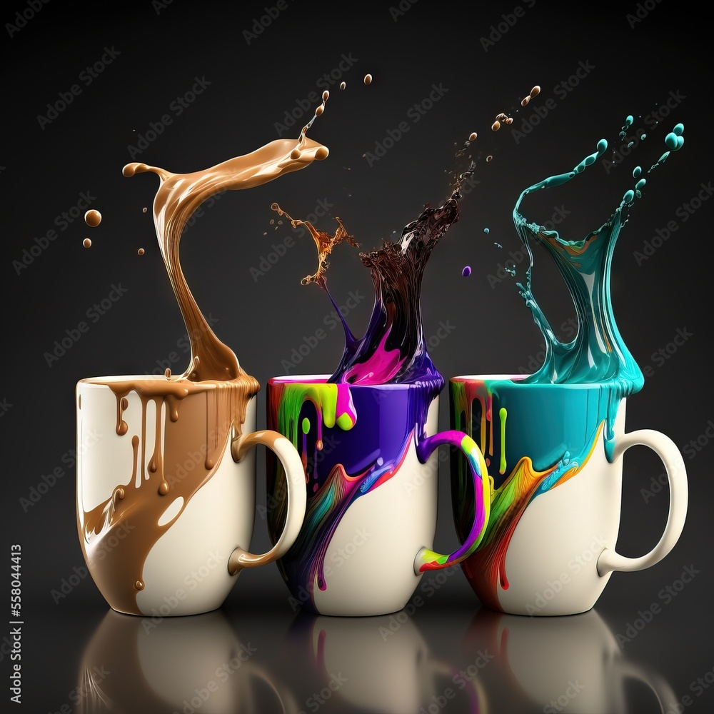 Aufkleber three coffee mugs with different colors of paint splashing out of the cups on a black background wit