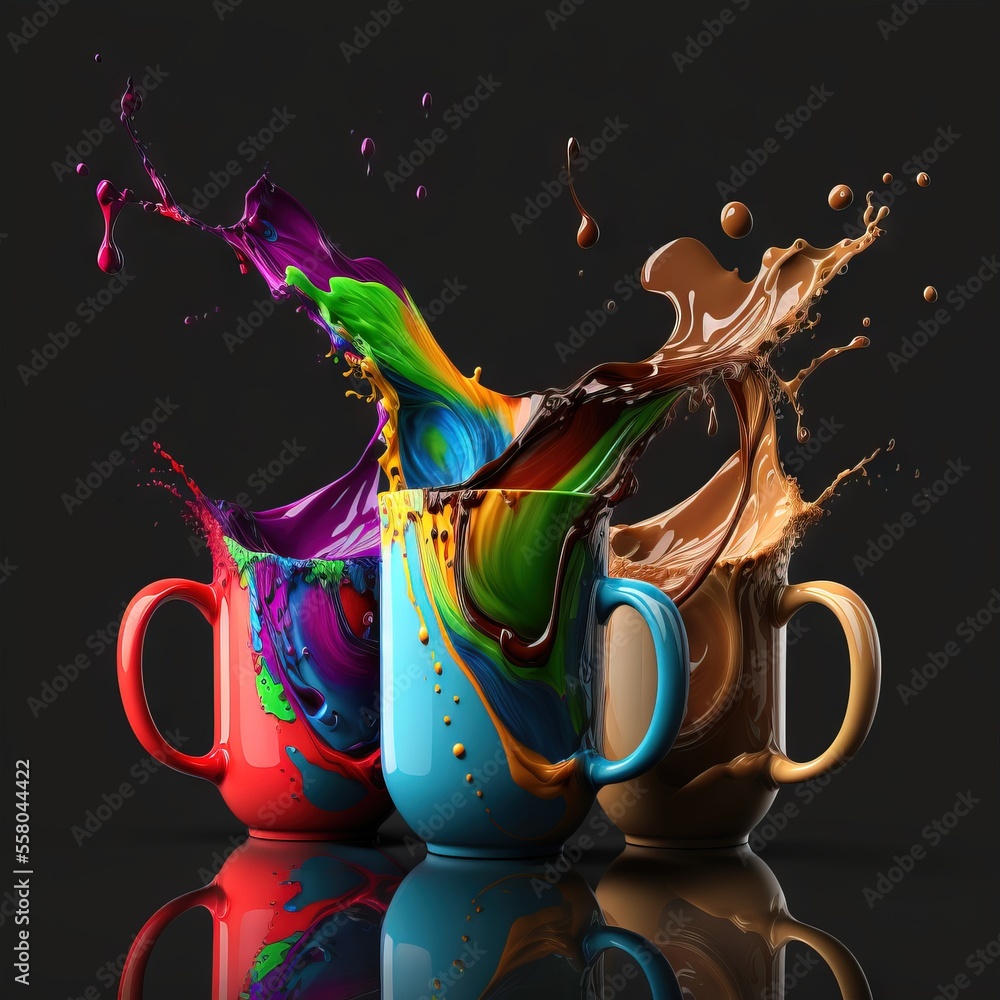 Poster three coffee mugs with different colors of paint splashing out of them on a black background with a 