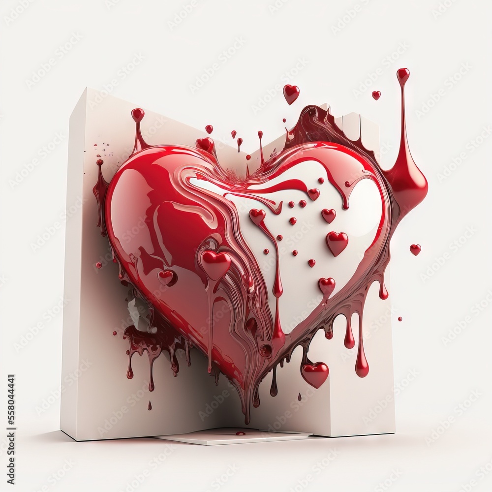 Poster a heart shaped piece of paper with red paint on it and dripping on the inside of it, with a white ba