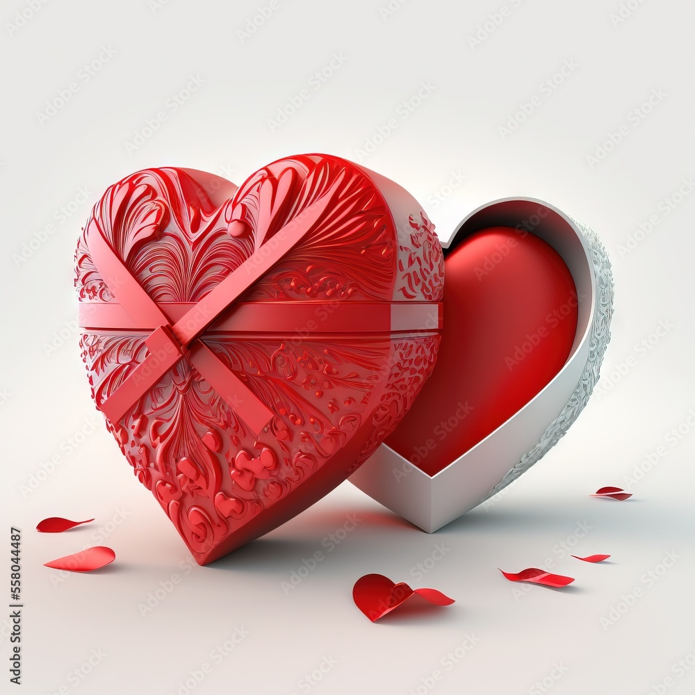Poster a red heart shaped box with a bow on top of it and petals on the ground around it, with a white box 