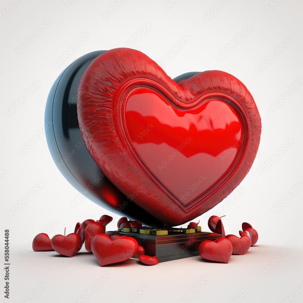 Poster a red heart shaped object sitting on top of a black object with red hearts around it on a white surf