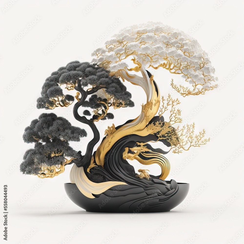Poster a black and gold vase with a tree on it's side and a white background behind the vase is a white bac