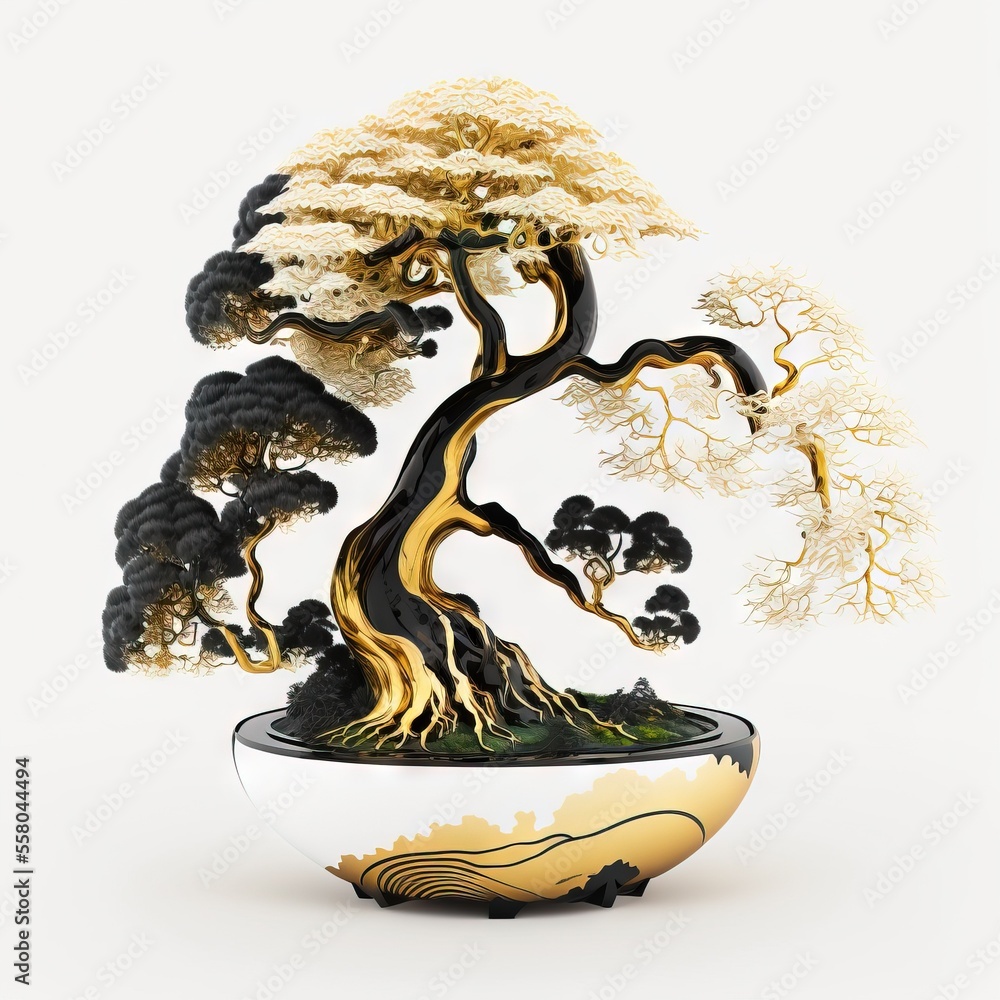 Poster a bonsai tree is shown in a white and gold vase with a white base and a black and gold tree on top o