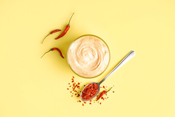 Bowl of tasty chipotle sauce on yellow background