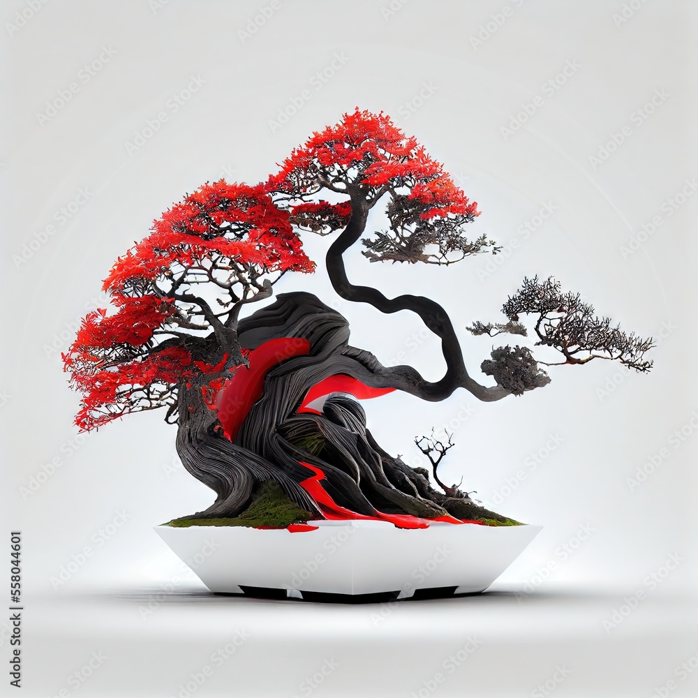 Aufkleber a bonsai tree with red leaves on a white plate on a white tablecloth with a white background and a b