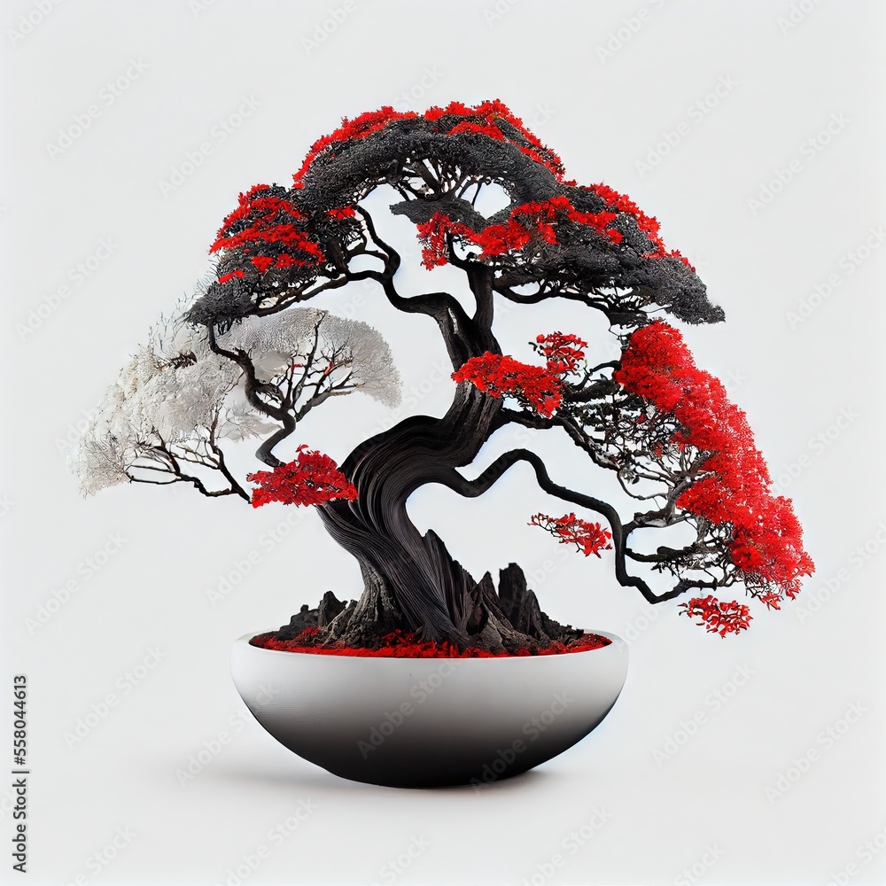 Aufkleber a bonsai tree with red and white flowers in a white bowl on a white background with a white backgrou