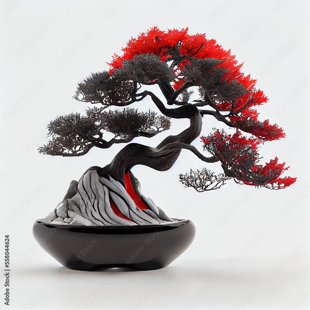 Aufkleber a bonsai tree in a black bowl with red flowers on it's top and a white background with a white backg