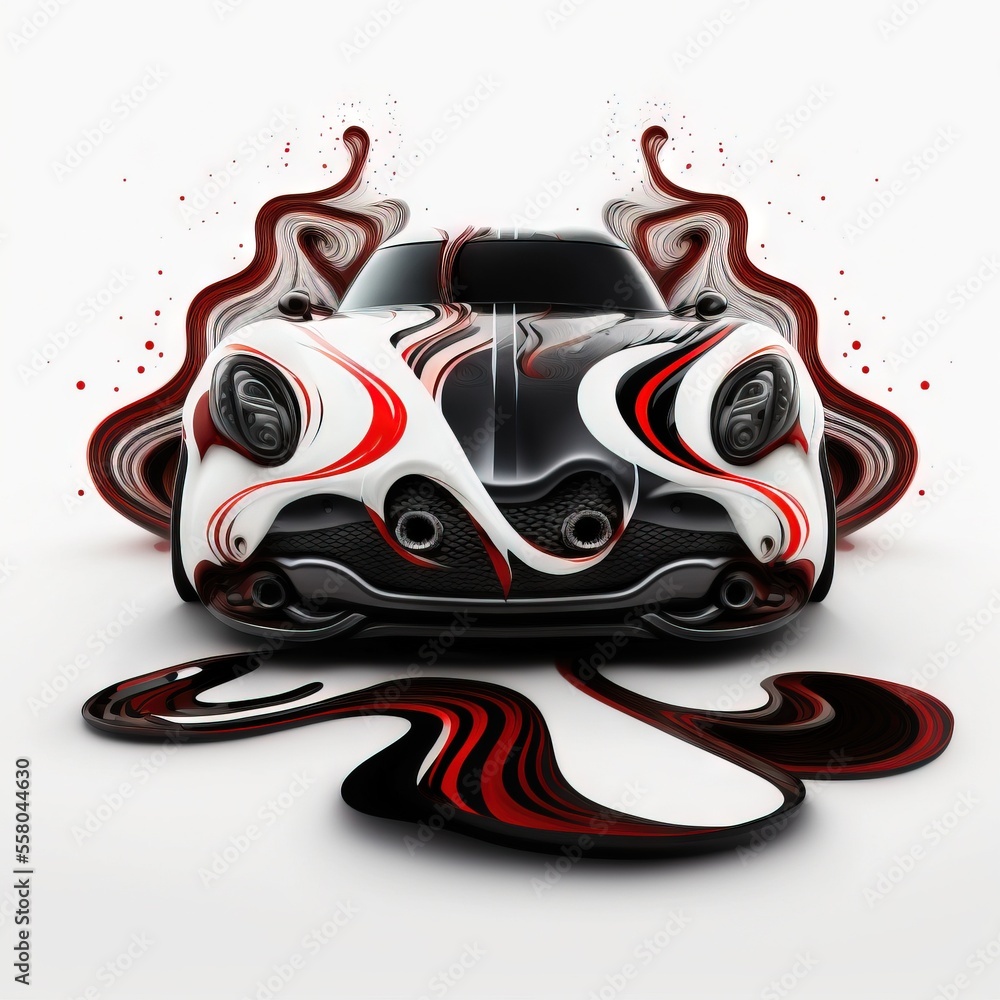 Poster a car with red and white paint on it's body and a red swirl on the front of it's body and a white ba