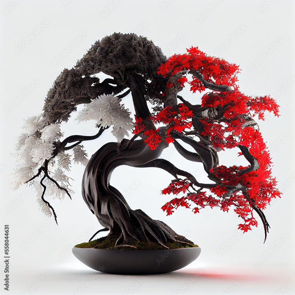 Poster a bonsai tree with red and white leaves in a black bowl on a white background with a red light comin