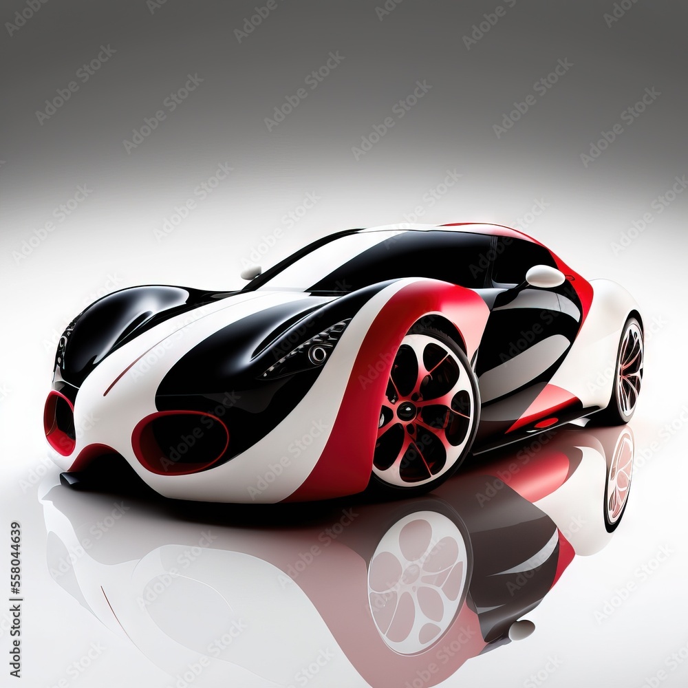 Poster a futuristic car is shown on a reflective surface with a reflection on the floor and a reflection of