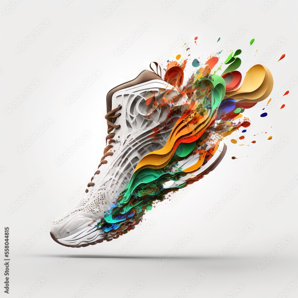 Poster a sneaker made out of colorful paint splatters on a white background with a white background and a w