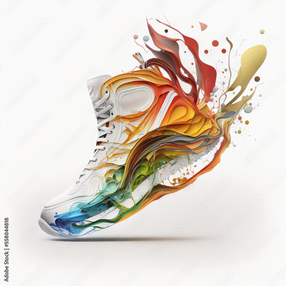 Poster a pair of sneakers with colorful paint splatters on them and a white background with a white bottom 