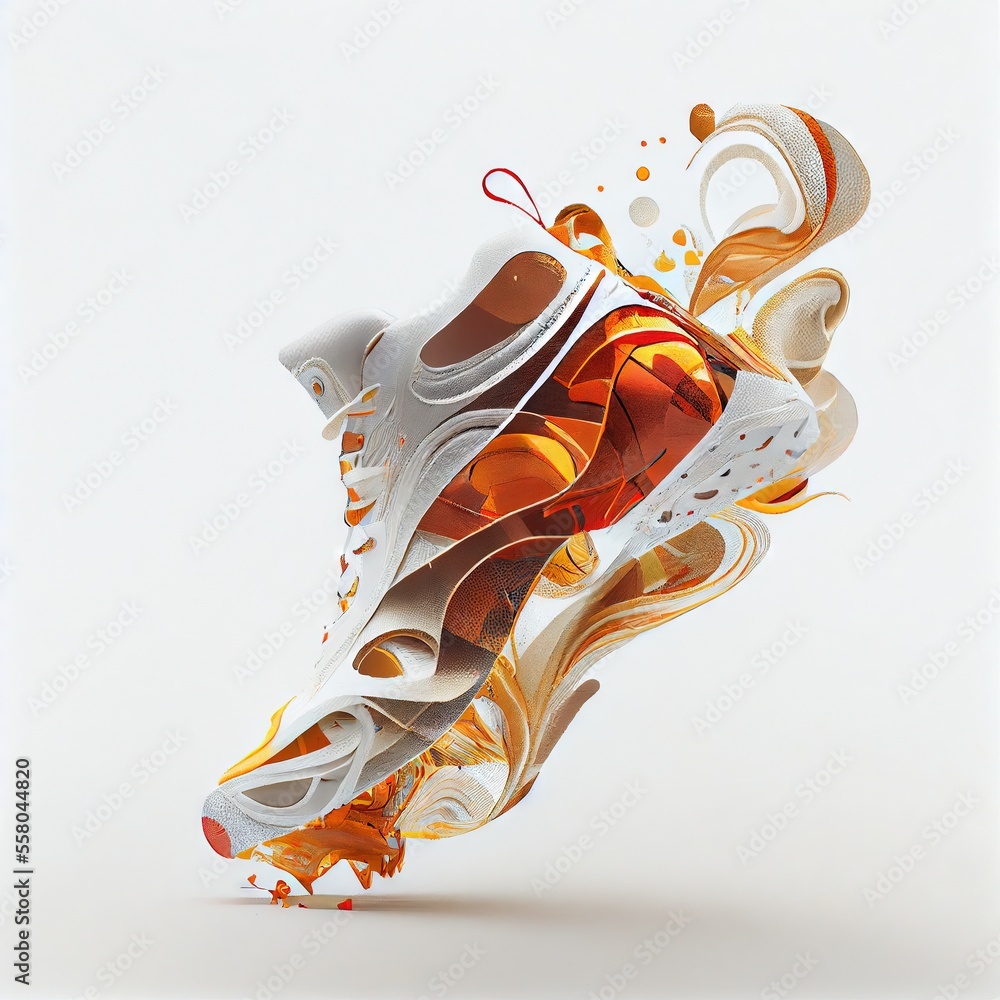 Poster  a white and orange shoe with a splash of paint on the bottom of it's soles and the bottom part of it's soles are covered in orange and white and orange. Generative AI