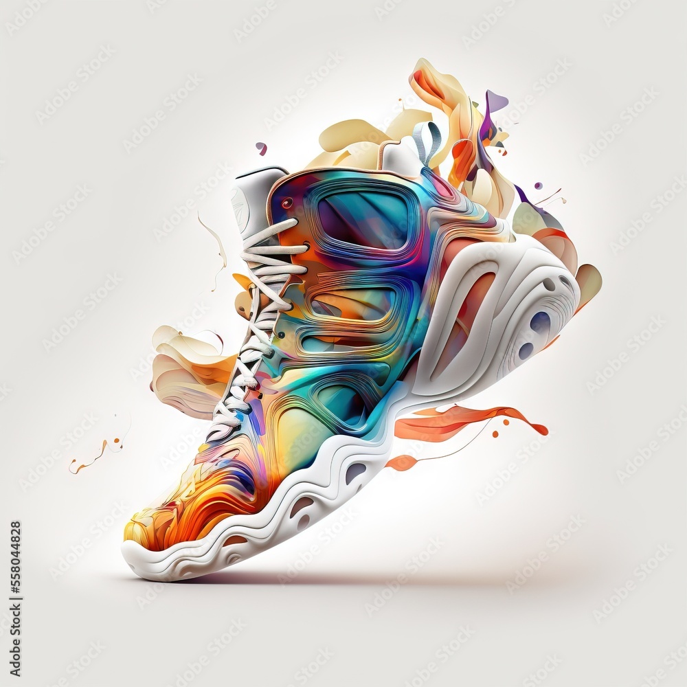 Poster a pair of sneakers with colorful paint splatters on them and a white background with a white bottom 