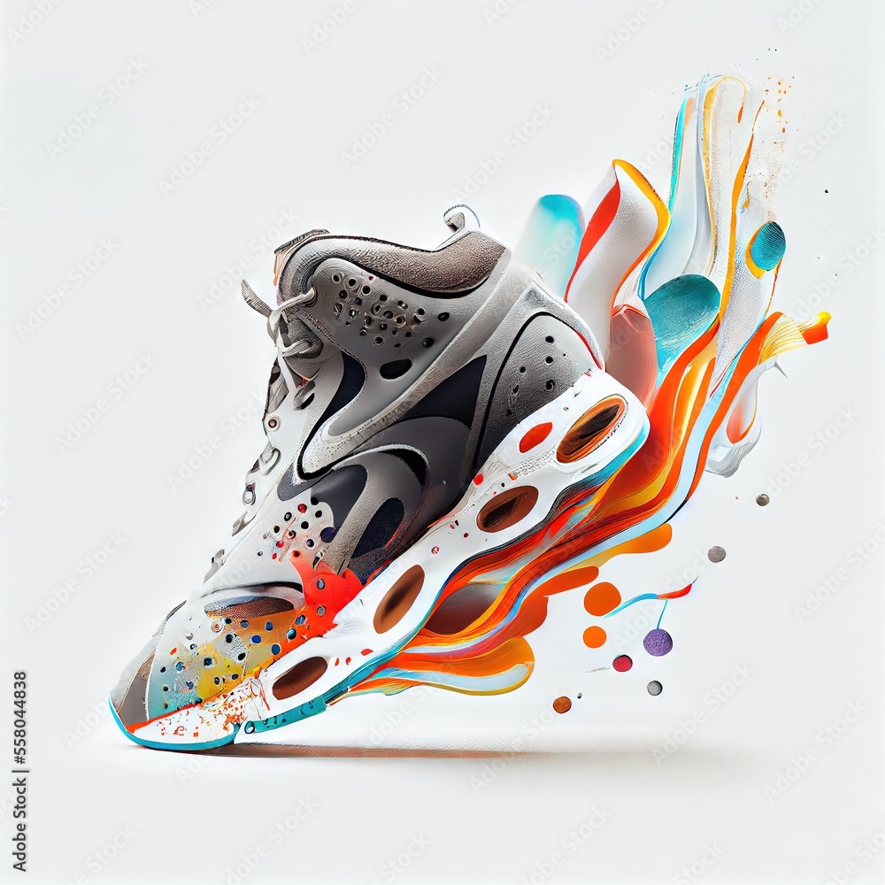 Poster a pair of sneakers with colorful paint splatters on them and a white background with a white backgro