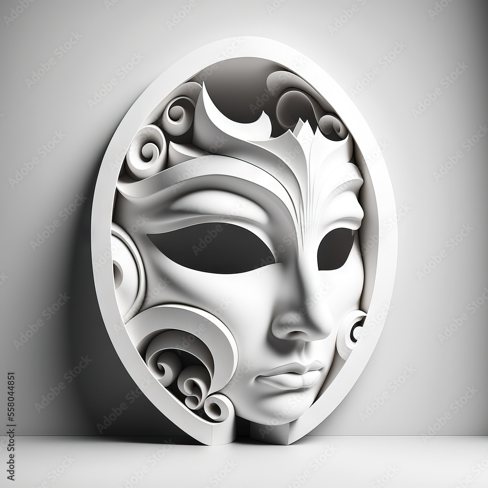 Poster a white mask with swirls on it is in a circular frame on a gray background with a shadow of the face