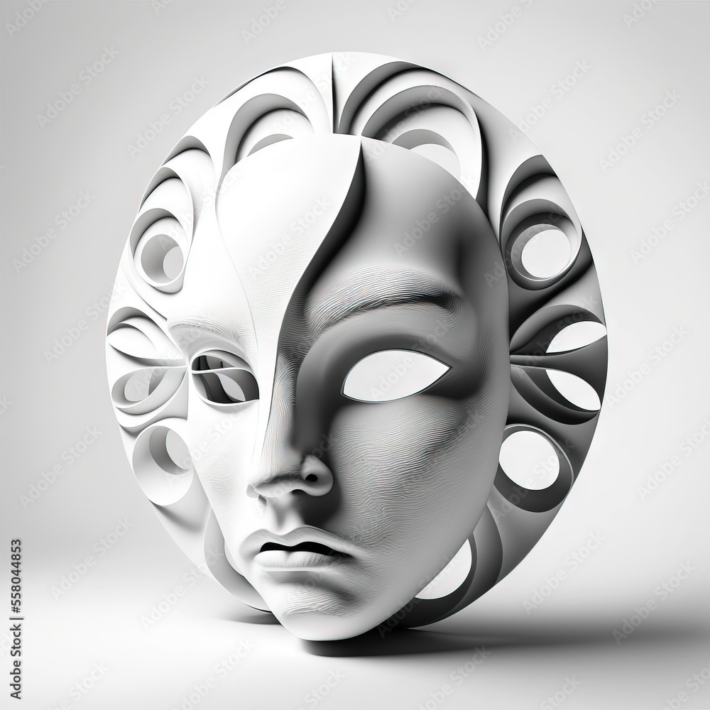 Poster a white mask with circles around it on a gray background with a white circle in the middle of the ma