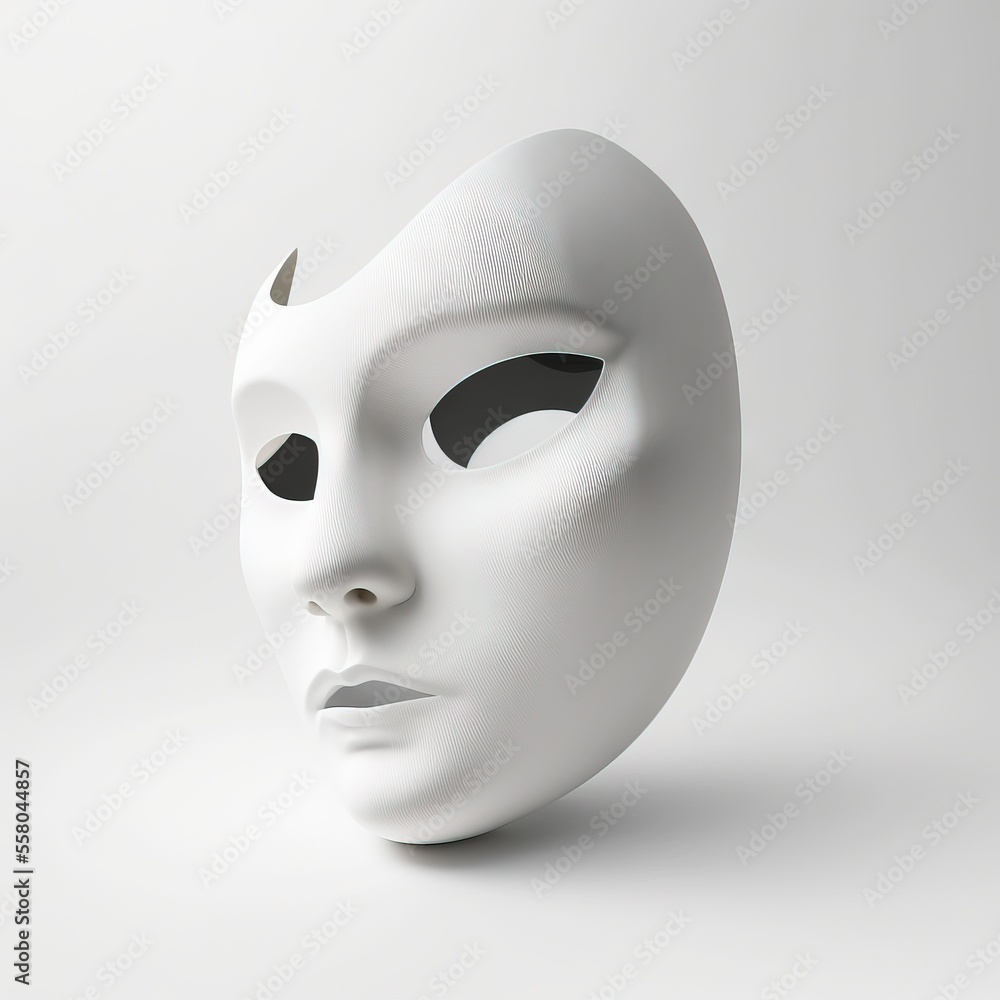 Poster a white mask with black eyes on a white background with a shadow of a face on the side of the mask a