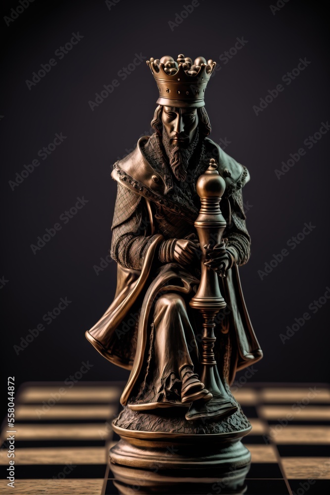 Poster a statue of a king sitting on top of a chess board with a chess board in front of him and a chess bo