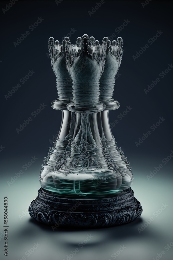 Poster a glass chess piece with a black base on a blue background with a shadow of the chess piece on the b