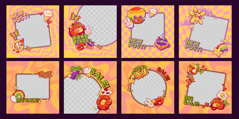 Fototapeta na wymiar Set of social media ad posts with png frames. Vector illustration of banner templates with funny hippie characters, food, flower, rainbow icons on colorful wavy background. Retro 80s style design