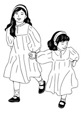 two girls running hand drawn illustration
