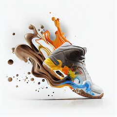  a sneaker with a splash of paint on the side of it's soles and the bottom part of the sneaker is white and the soles are brown and orange and blue. Generative AI - obrazy, fototapety, plakaty