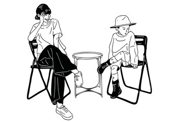 Mother and child sitting in a cafe free time art hand drawn illustration