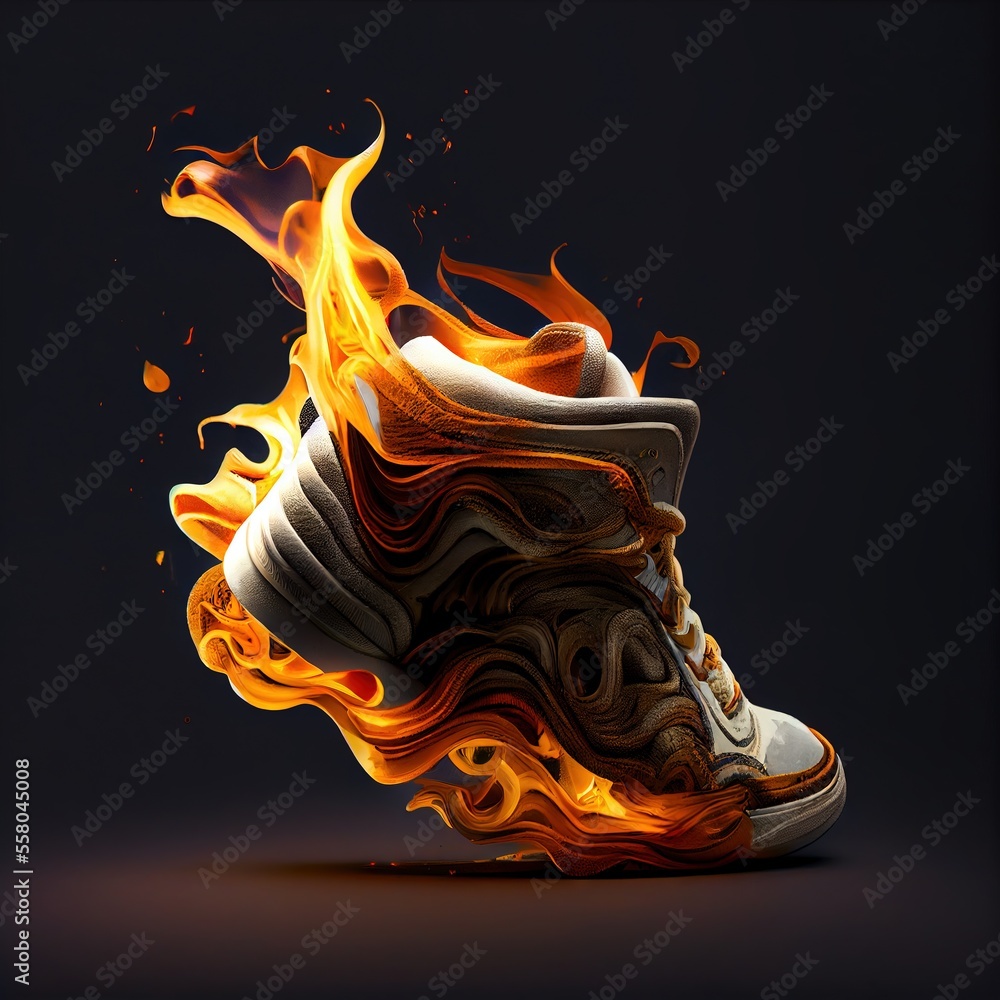 Poster a pair of shoes with fire on the bottom of it, on a black background, with a black background and a 