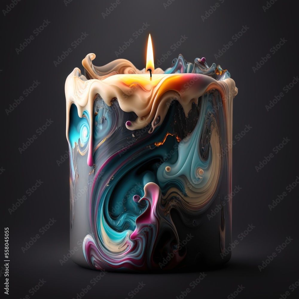 Poster a candle that is sitting on a table with a black background and a colorful swirl design on it's side