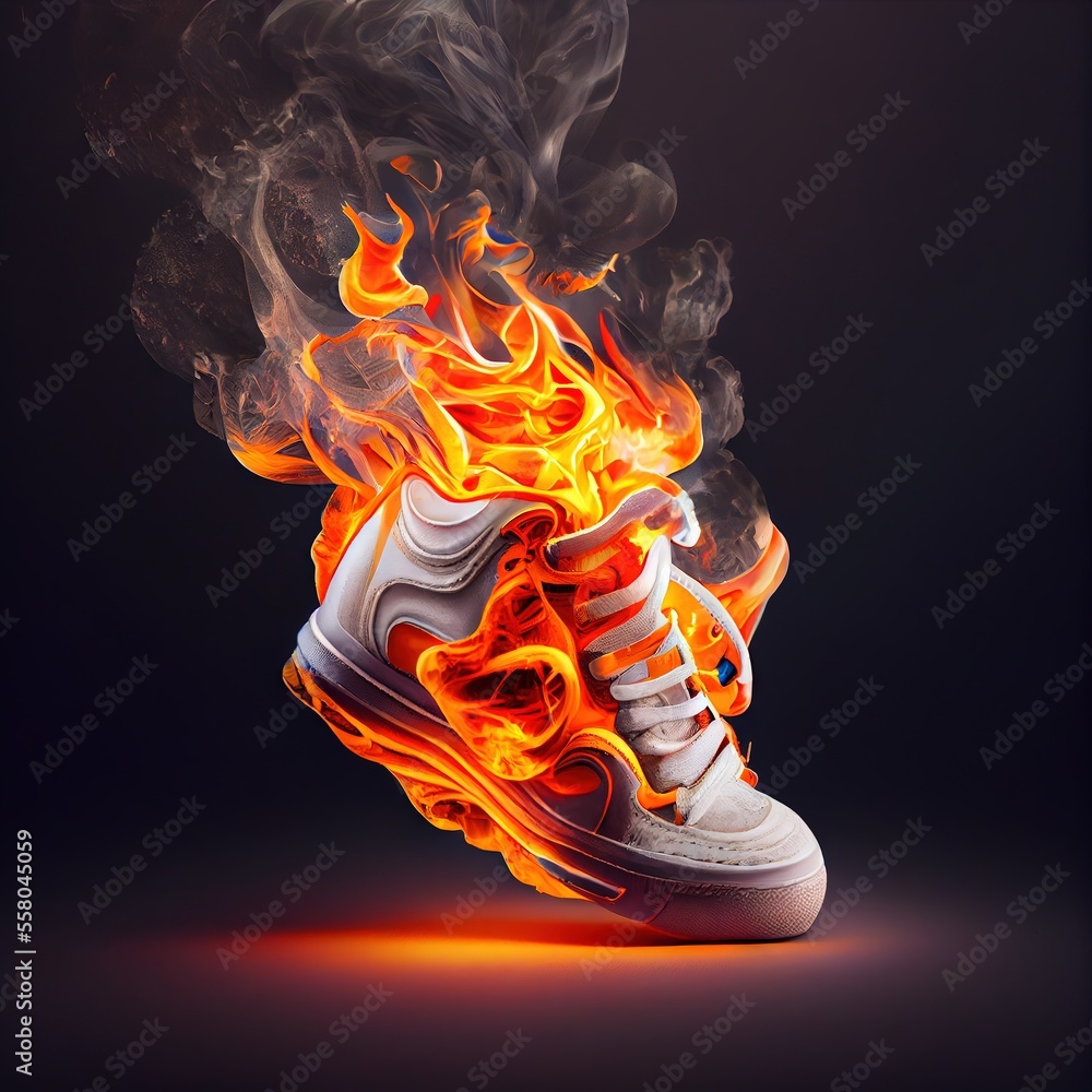 Poster a pair of shoes with fire on the soles on a black background with a black background and a black bac