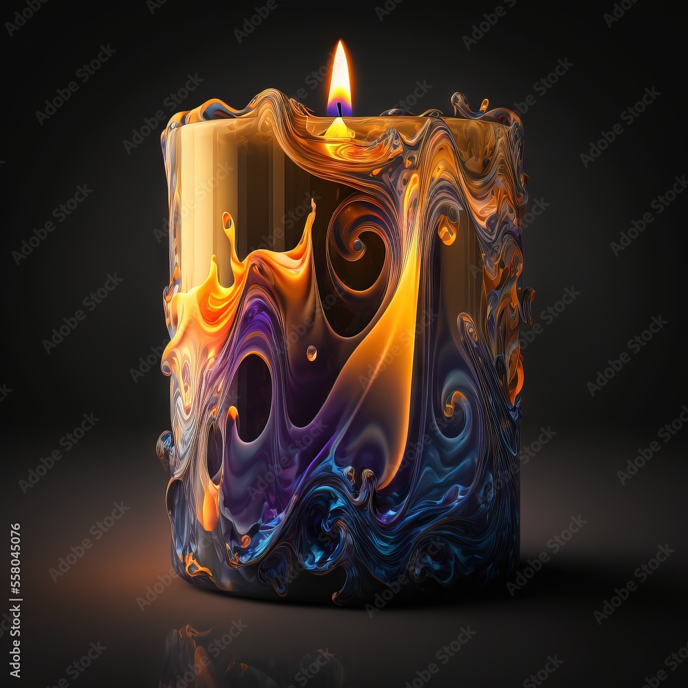 Poster a candle that is lit up in the dark with a swirly pattern on it's side and a candle on top of it's s
