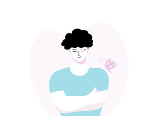 Isolated of a man hugging self, self-hugging concept in flat vector illustration.