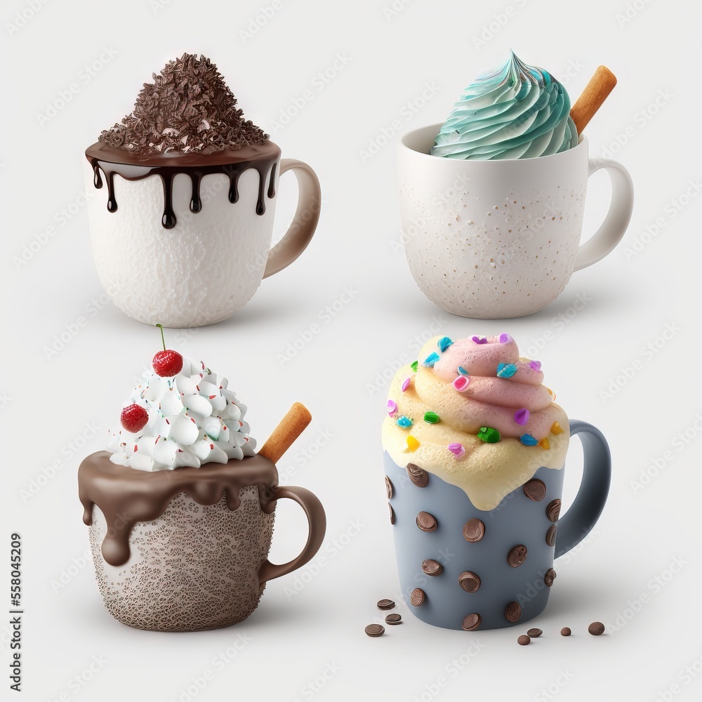 Poster a group of four different kinds of cupcakes and ice creams in different colors and designs on a whit