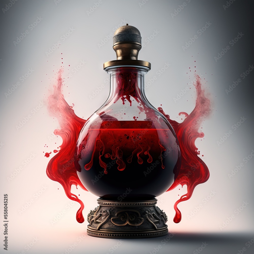 Poster a bottle with red liquid in it sitting on a stand with a silver cap on top of it and a red liquid fl