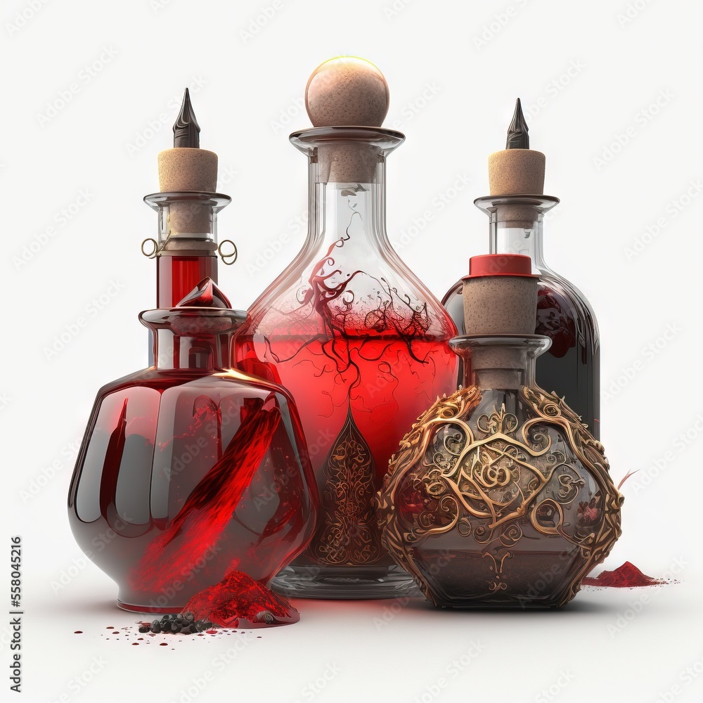 Poster a group of three bottles with red liquid in them next to each other on a white surface with a shadow