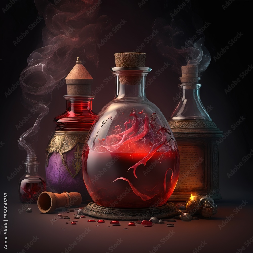 Poster a group of glass bottles with liquid inside of them and smoke coming out of the top of the bottles, 