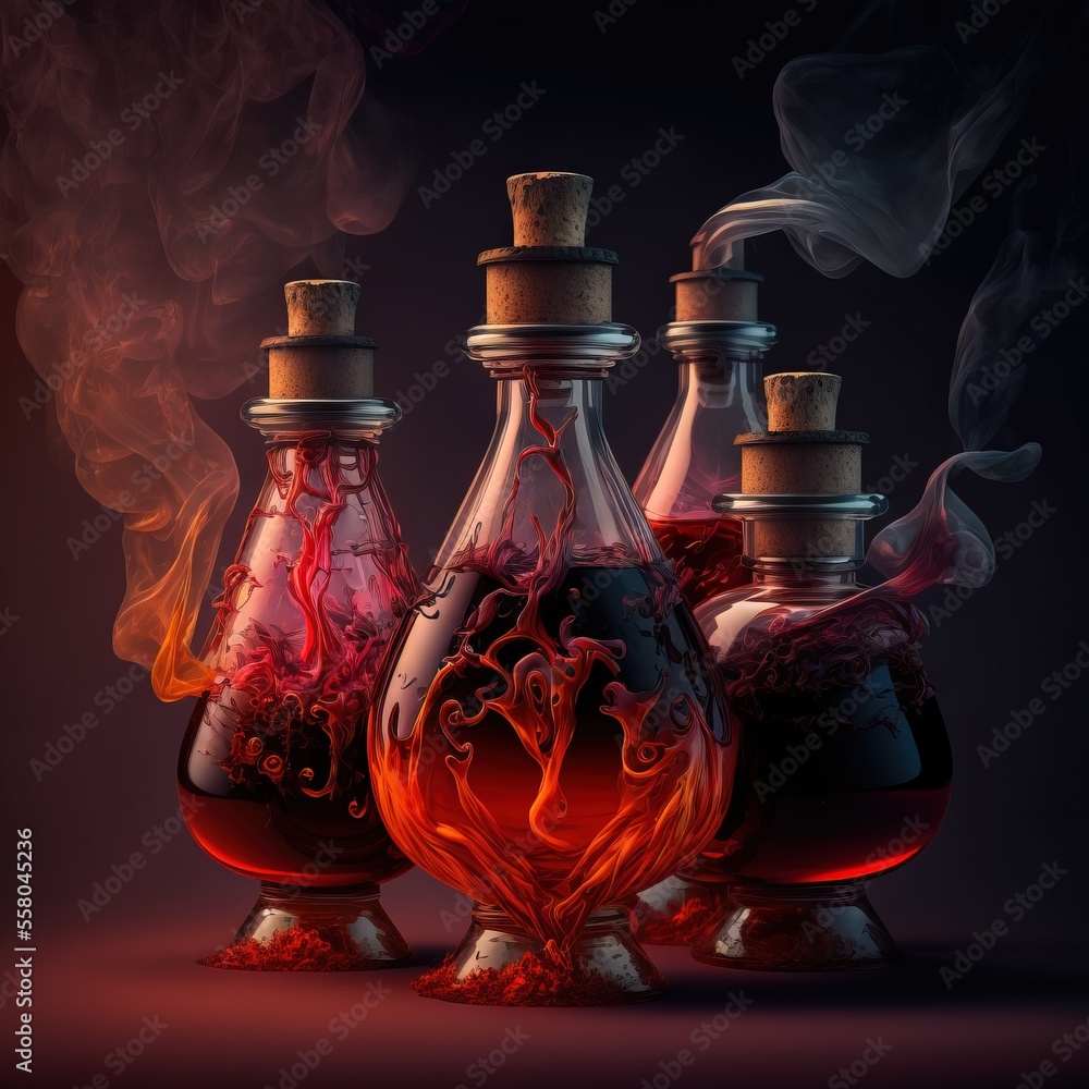 Poster a group of glass bottles filled with liquid and steam rising from them on a dark background with smo