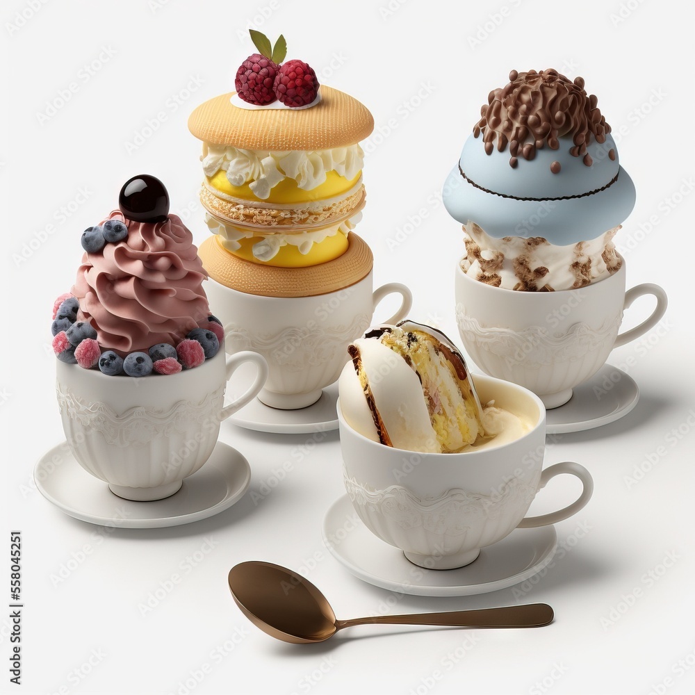 Poster  a group of three cups filled with different types of desserts on top of each other next to a spoon and a cup of ice cream and a spoon on a white surface wi Generative AI