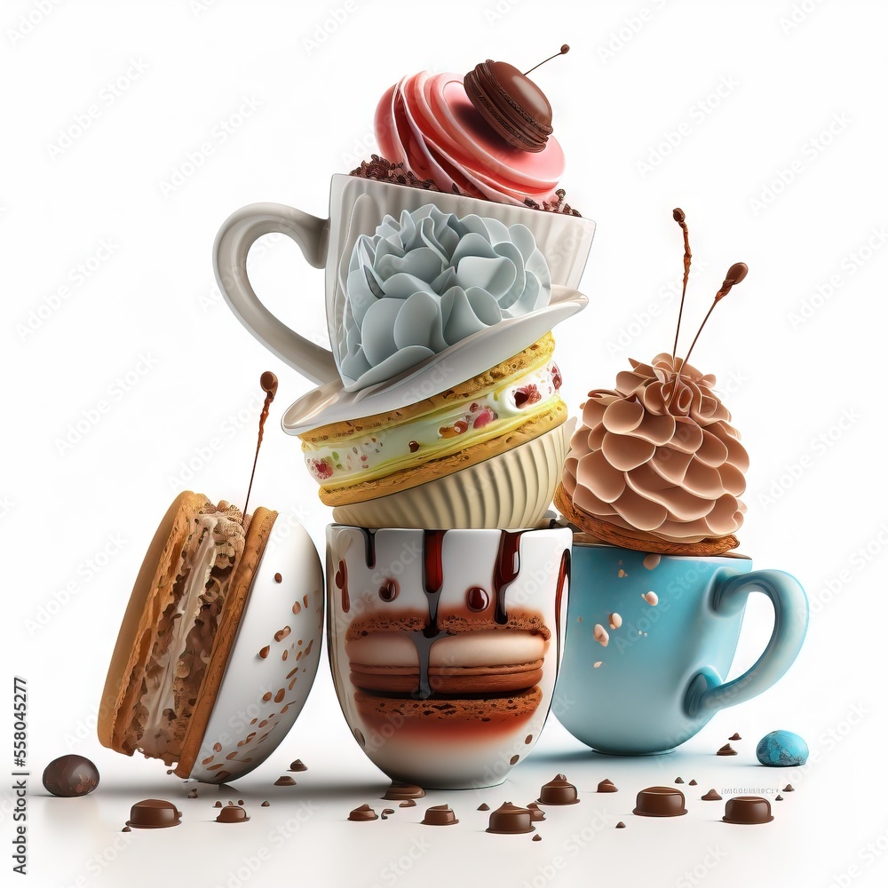 Aufkleber a stack of cups filled with different types of desserts and ice cream on top of each other with choc