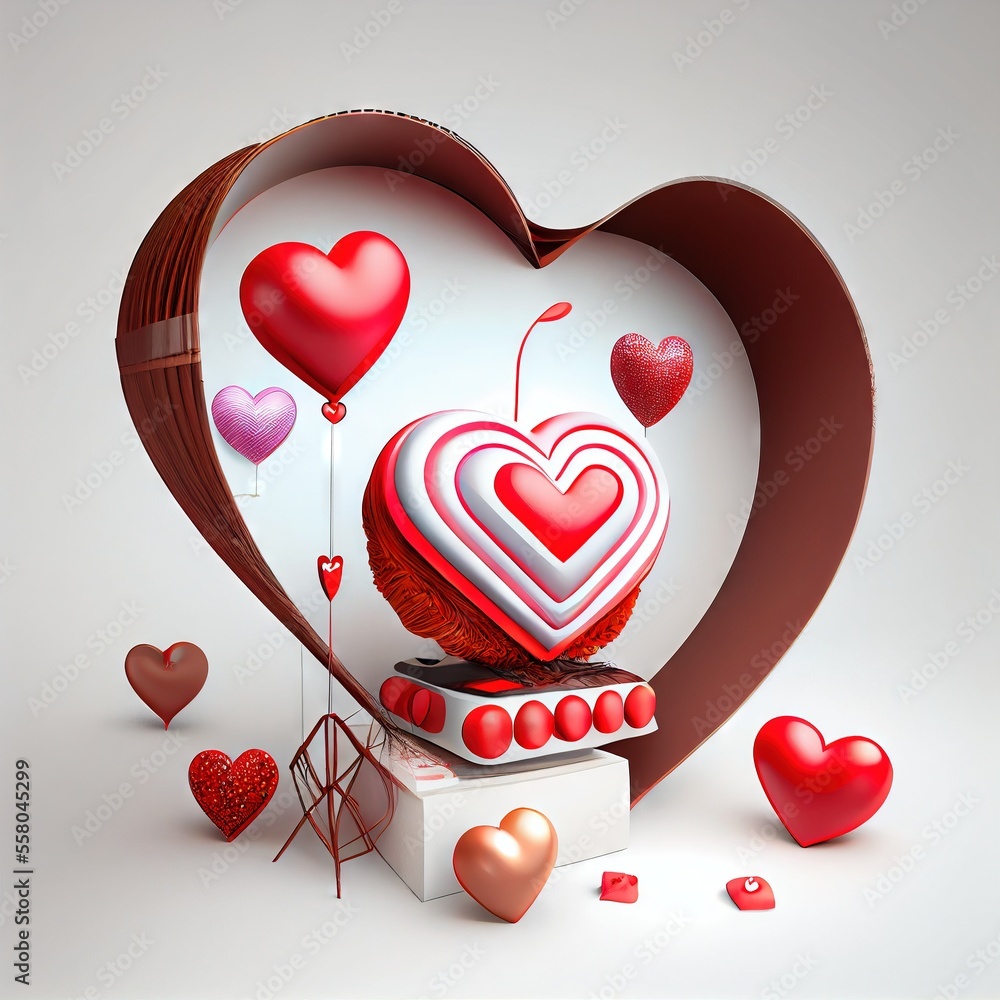 Poster a heart - shaped object with many hearts floating out of it and on top of a table with a stool and a