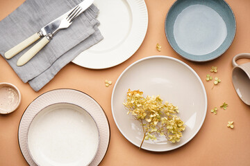 Different clean dinnerware on beige background
