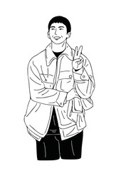 man raising 2 fingers happy smile free time art hand drawn illustration