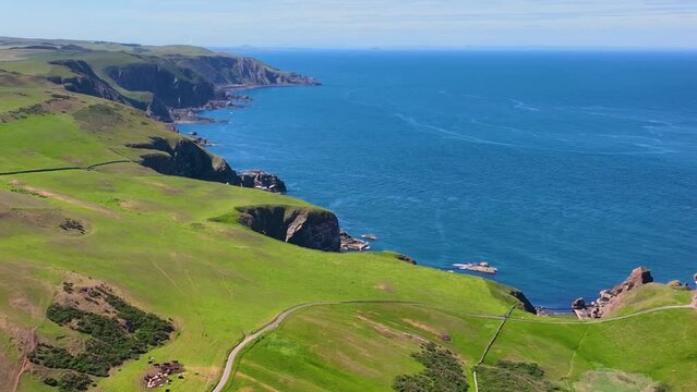 St. Abbs Head coastal cliffs aerial view in summer near village of St. Abbs, Berwickshire, Scotland, UK. 