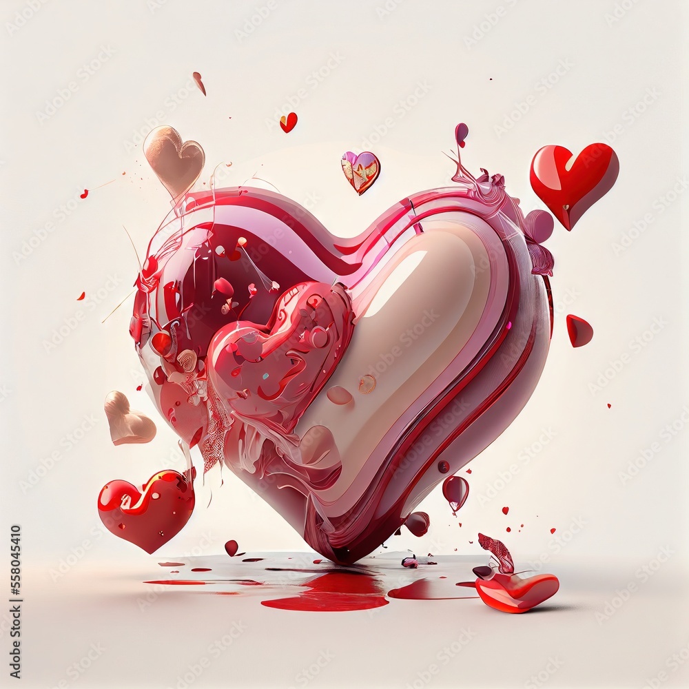 Poster a heart - shaped object with many hearts floating around it and a splash of paint on the ground belo