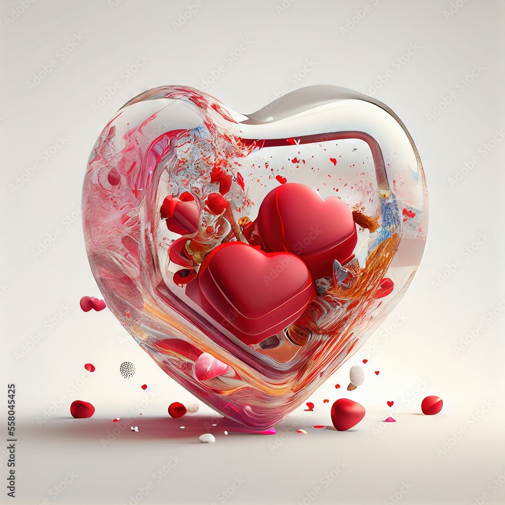 Poster a glass heart with two hearts inside of it and a lot of red hearts floating in the air on a white su