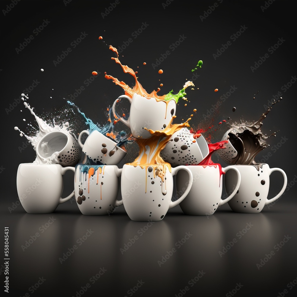 Poster a group of coffee mugs with paint splashing out of them on a black background with a black backgroun