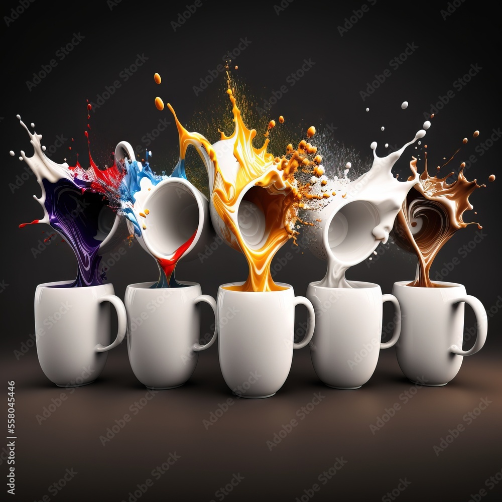 Poster a group of coffee mugs filled with different colored liquid splashing out of them on a dark backgrou