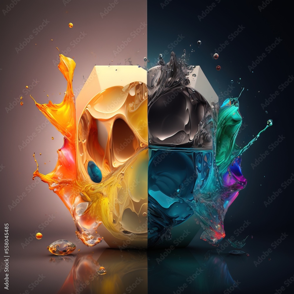 Poster an image of an apple logo with splashing paint on it's side and a black background with a white and 