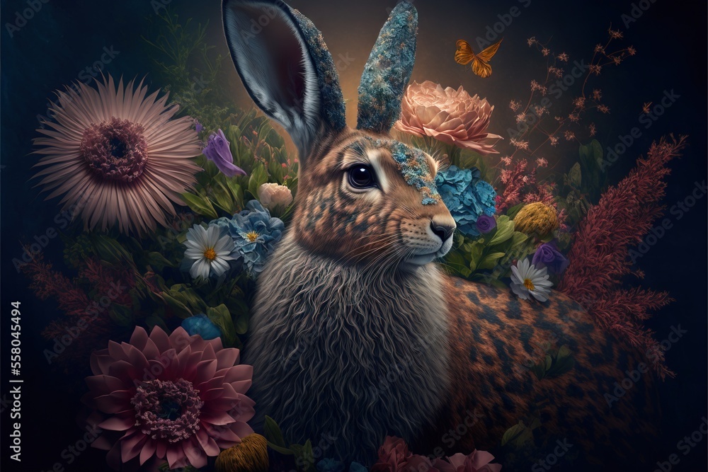 Poster a painting of a rabbit surrounded by flowers and a butterfly on a dark background with a butterfly i